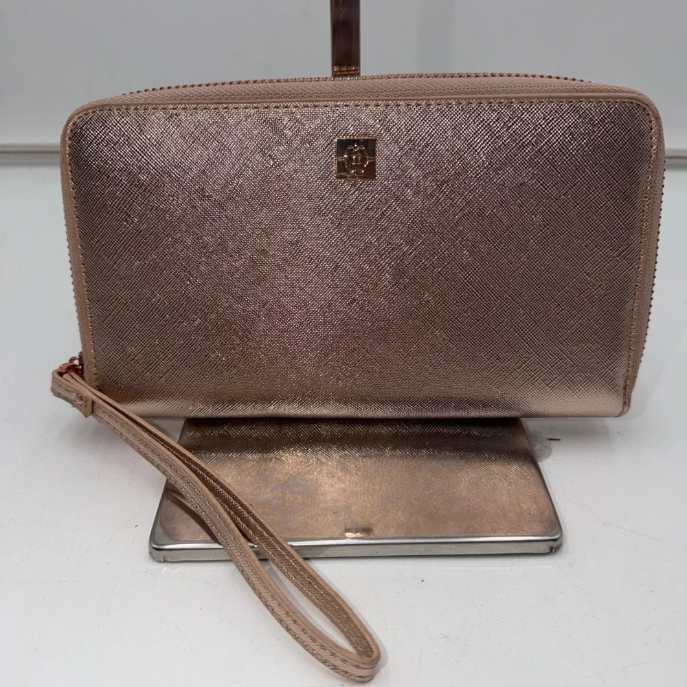 Nanette Lepore Rose Gold Metallic Crossgrain Zip Around Wristlet Wallet